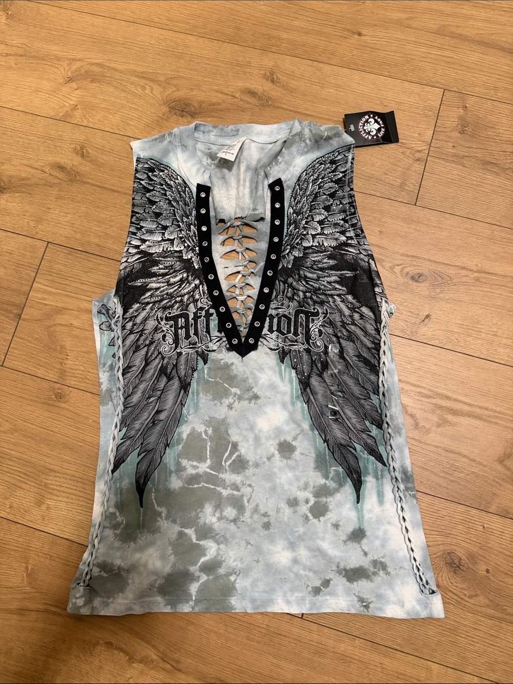 Affliction Women's Lace-Up Wing Graphic Tank Top - Light Blue Tie-Dye